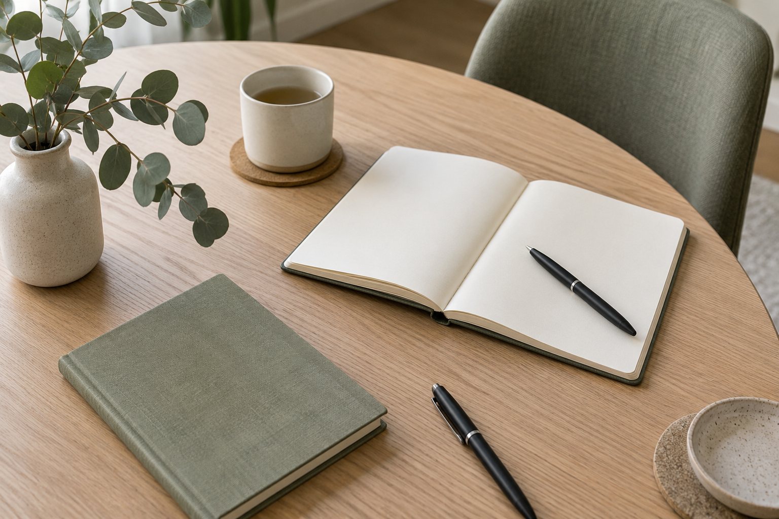 Notebooks and pens on an oak table with a sage chair and eucalyptus